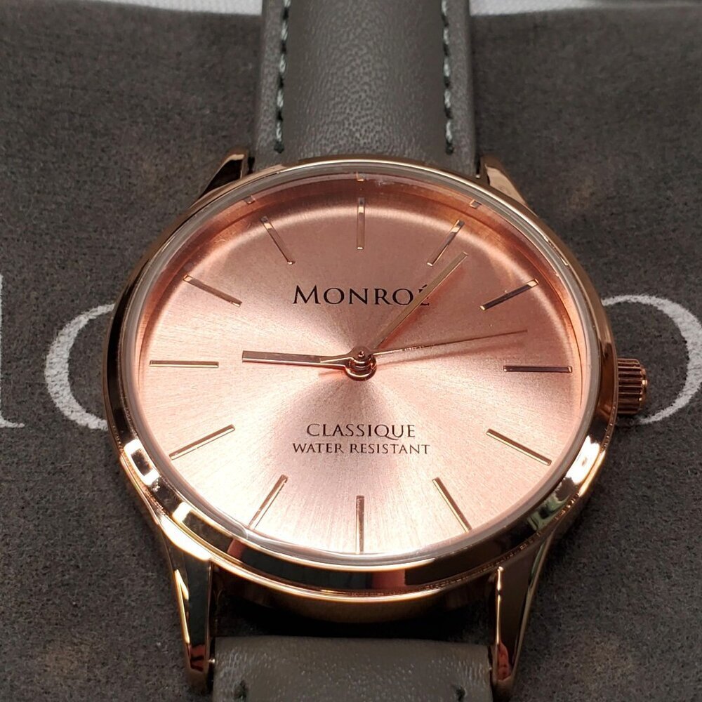 Monroe By Maestro Womans Rose Gold Color Watch With Grey Genuine Leather Strap - Picture 7 of 8